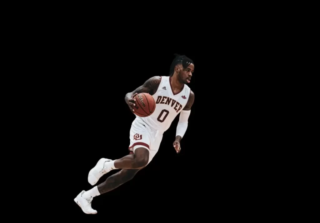 A basketball player running with a basketball