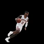 A basketball player running with a basketball